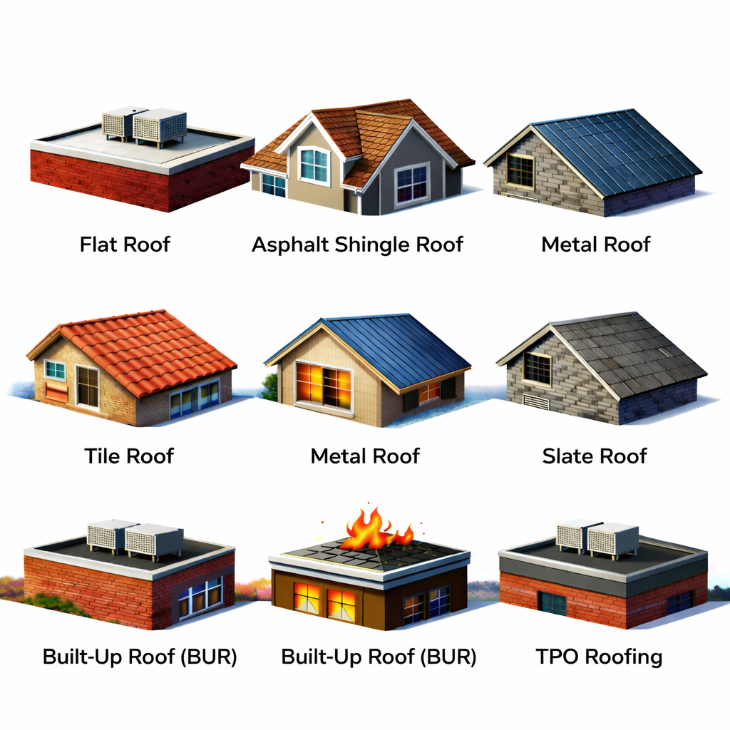 Different roof types infographic on a white background showing eight illustrated roof styles: flat roof, asphalt shingle roof, metal roof, tile roof, slate roof, built-up roof (BUR), and TPO roofing, each labeled beneath its image.